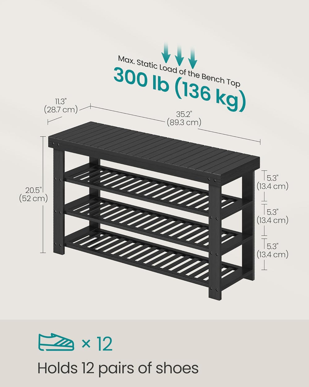 SONGMICS Shoe Rack Bench, 4 Tier Bamboo Shoe Storage Organizer, Entryway Benc...