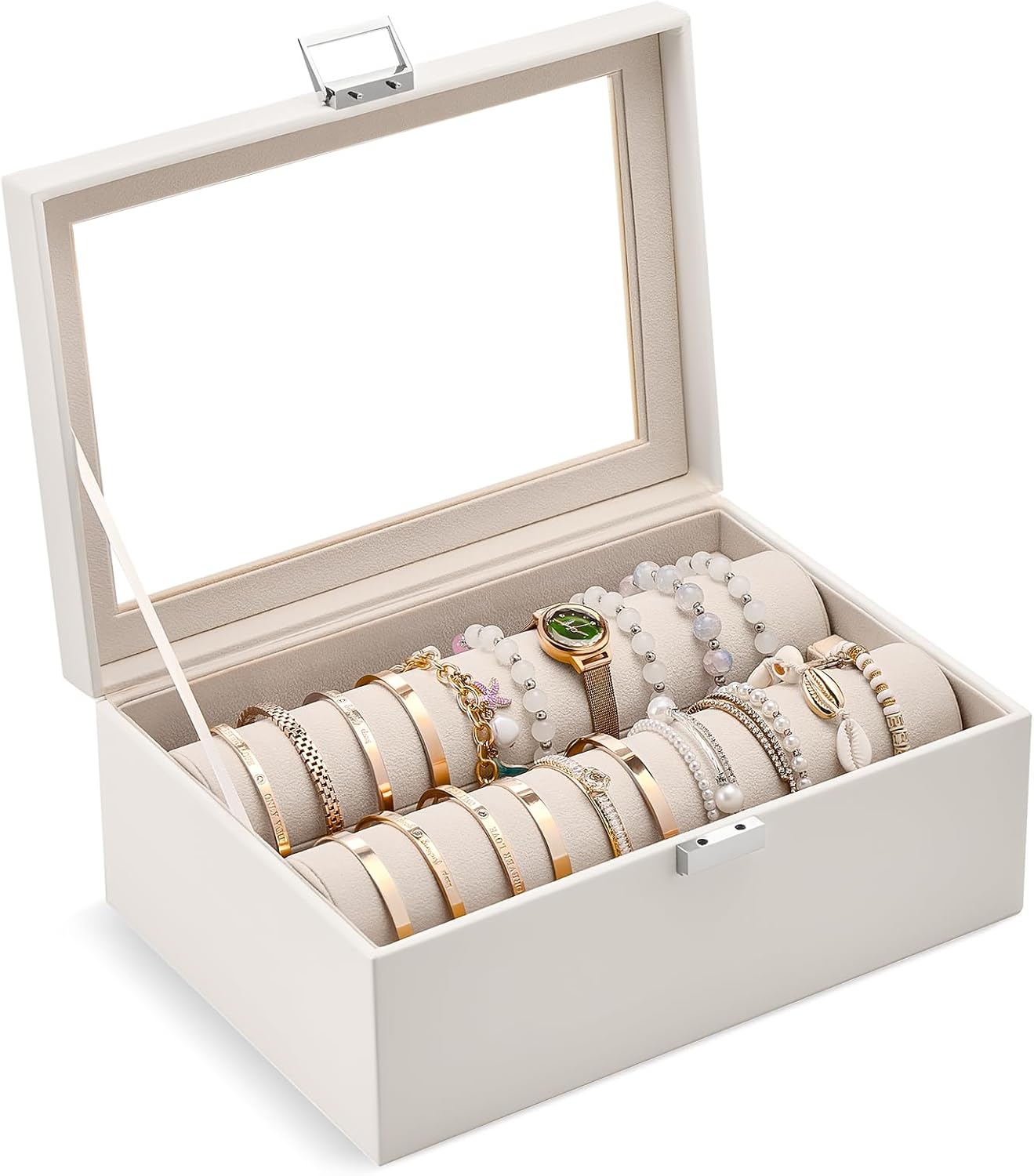 Lolalet Bracelet Display Holder with Clear Lid -Beige | Jewelry Organizer with 2 Velvet Display Rods, Perfect Storage Case for Bangles, Bracelets, and Watches, Great Gift for Her