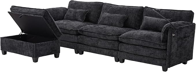 Ball & Cast Modular Sectional Sofa,Comfy Cloud Couch with Movable Storage Ottoman,L Shaped Sectional Sofa W/USB Charging Port,Phone Holder and Side Pocket,Chenille Fabric,for Living Room,Black,109"