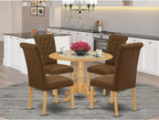 East West Furniture DLBR5-OAK-18 5 Piece Dining Room Table Set Includes a Round Dining Table with Dropleaf and 4 Brown Linen Linen Fabric Upholstered Parson Chairs, 42x42 Inch, Oak