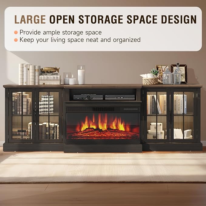 98" Farmhouse TV Stand with 36" Fireplace for Living Room,Media Entertainment Center with Adjustable Shelves and Large Storage Cabinets, TVs up to 100", Black