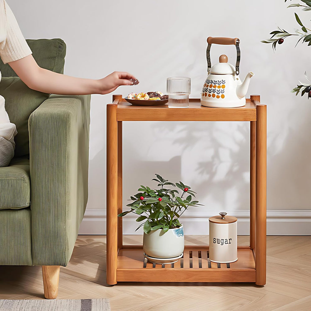 Side Table, Solid Wood Narrow End Table with Storage Shelf and Wheels, 2-Tier...