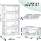 Clear Storage Bins with Lids,4 Tier Plastic Bins with Wheels,Stackable Storage Bin,Closet Organizers Box for Bedroom,Living Room,Toy,23 QT Folding Box with Magnetic door