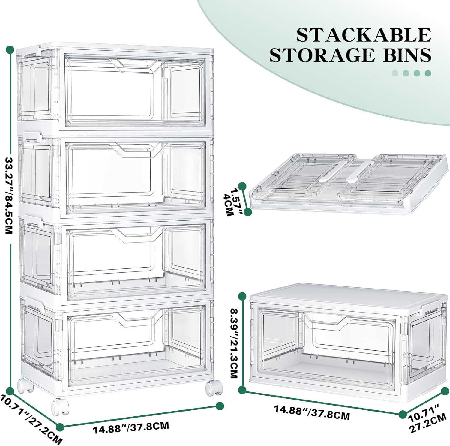 Clear Storage Bins with Lids,4 Tier Plastic Bins with Wheels,Stackable Storage Bin,Closet Organizers Box for Bedroom,Living Room,Toy,23 QT Folding Box with Magnetic door