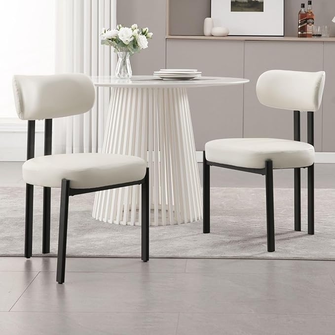 LukeAlon Faux Leather Dining Chairs Set of 2, Modern Curved Back Armless Kitchen Chairs with Black Metal Legs Upholstered Reception Guest Chairs for Home Office Restaurant Dining Room, White