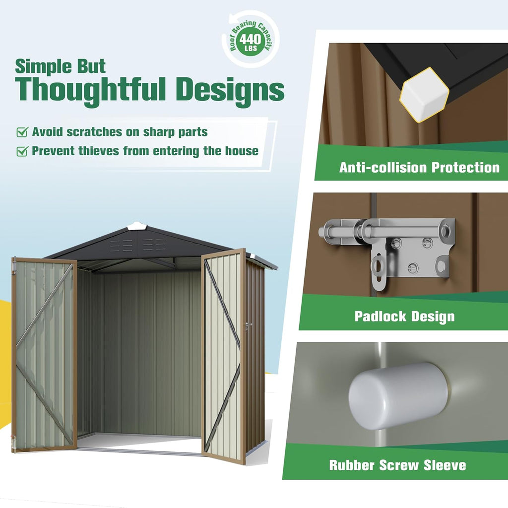 Flamaker 6x4 FT Storage Shed Waterproof Metal Garden Shed with Lockable Door Utility Tool Shed Outdoor Storage for Backyard, Patio and Lawn, Brown