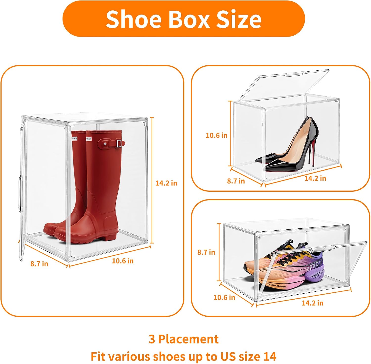 3 Pack Clear Acrylic Sneaker Shoe Display Case,Shoe Storage Boxes Stackable,Acrylic Boxes for Shoes Display with Lid,Boot Storage Organizer for Tall Boot,Purse Handbag Organizer for Closet