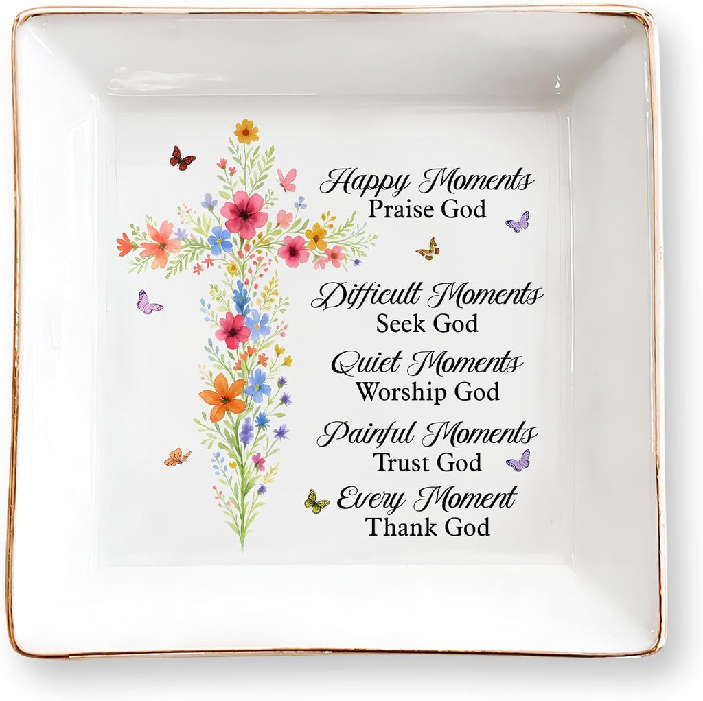 Christian Gifts for Women, Faith Inspirational Gifts - Floral Cross 4" Jewelry Dish, Religious Gift for Mom, Sister, Daughter, Friends - Catholic Bible Verse, Communion, Confirmation Gift for Her