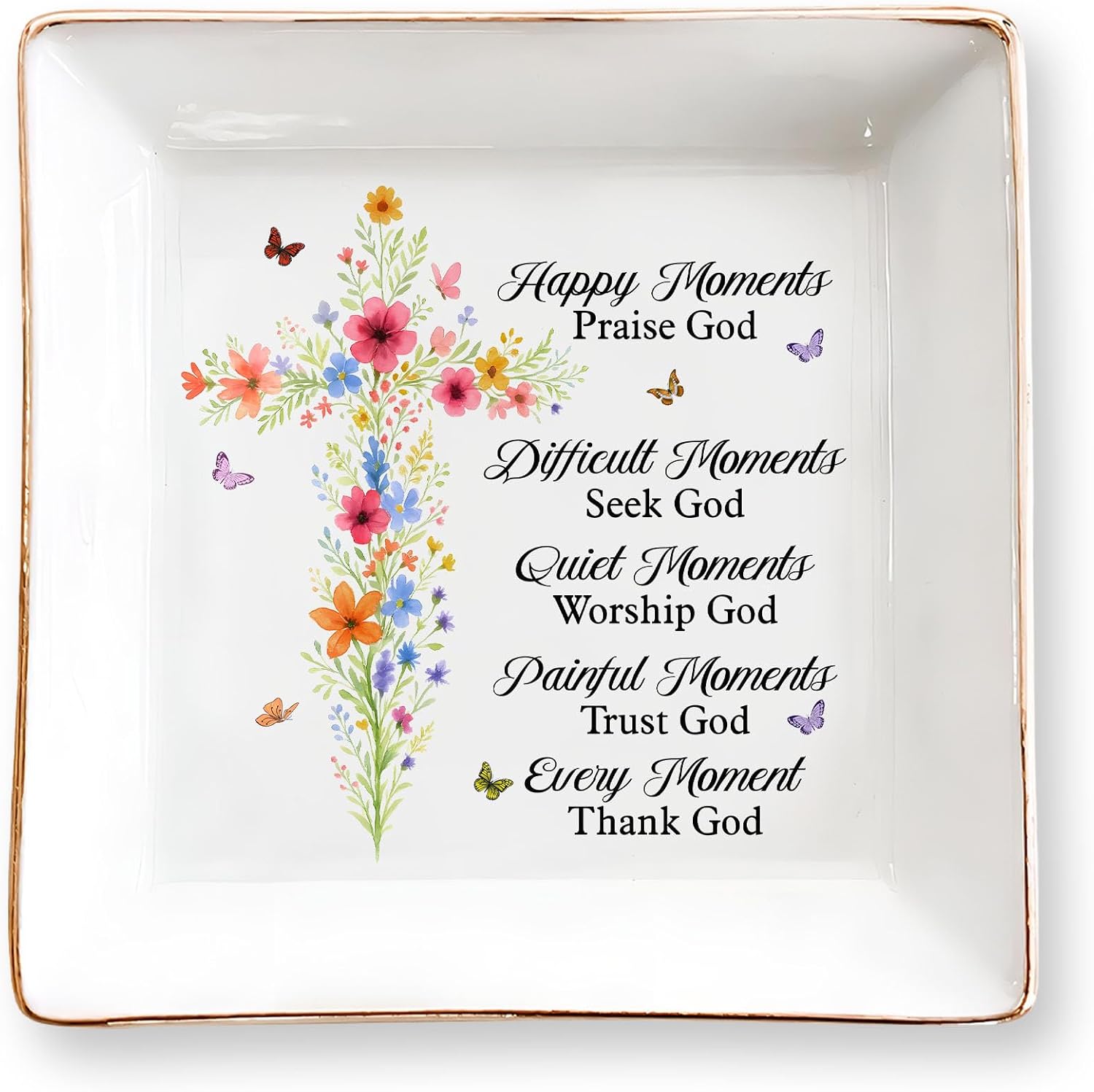 Christian Gifts for Women, Faith Inspirational Gifts - Floral Cross 4" Jewelry Dish, Religious Gift for Mom, Sister, Daughter, Friends - Catholic Bible Verse, Communion, Confirmation Gift for Her