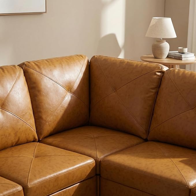 3-Piece L-Shaped Modular Leather Sofa – Convertible Sectional Couch with Movable Chaise & Storage Ottoman, Multi-Scene Use for Living Room, Apartment & Office, Ginger Yellow