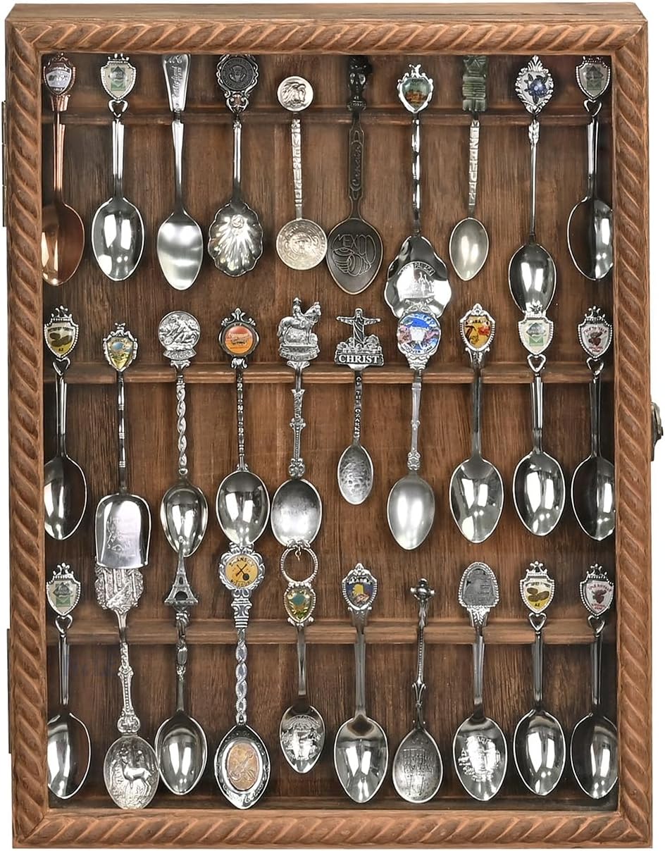 Ikee Design Wooden 30-Souvenir Spoon Display Case Cabinet, Wall-Mounted Tea S...