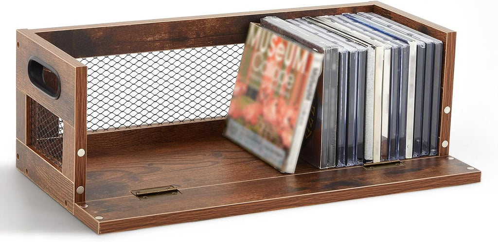 Jetec 1 Set Retro CD Storage Box - Father's Gift for Dad, Metal & Wood Holder Shelf with Handles, Cassette & DVD Organizer, Holds up to 36 CDs & Movie Cases, Vintage Display Rack