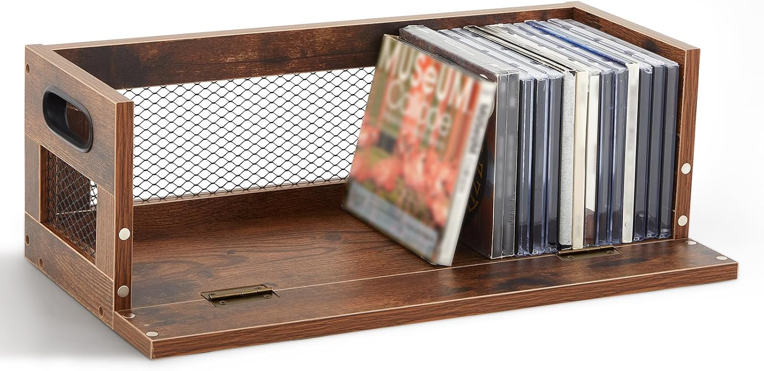 Jetec 1 Set Retro CD Storage Box - Father's Gift for Dad, Metal & Wood Holder Shelf with Handles, Cassette & DVD Organizer, Holds up to 36 CDs & Movie Cases, Vintage Display Rack
