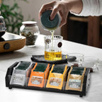 Tea Bag Holder Organizer Box with 4 Compartments, Pine Wood and Acrylic, 13.5 x 4.9 x 3.1 inches for Drawer, Cabinet, Countertop, Tea Tray (Black)