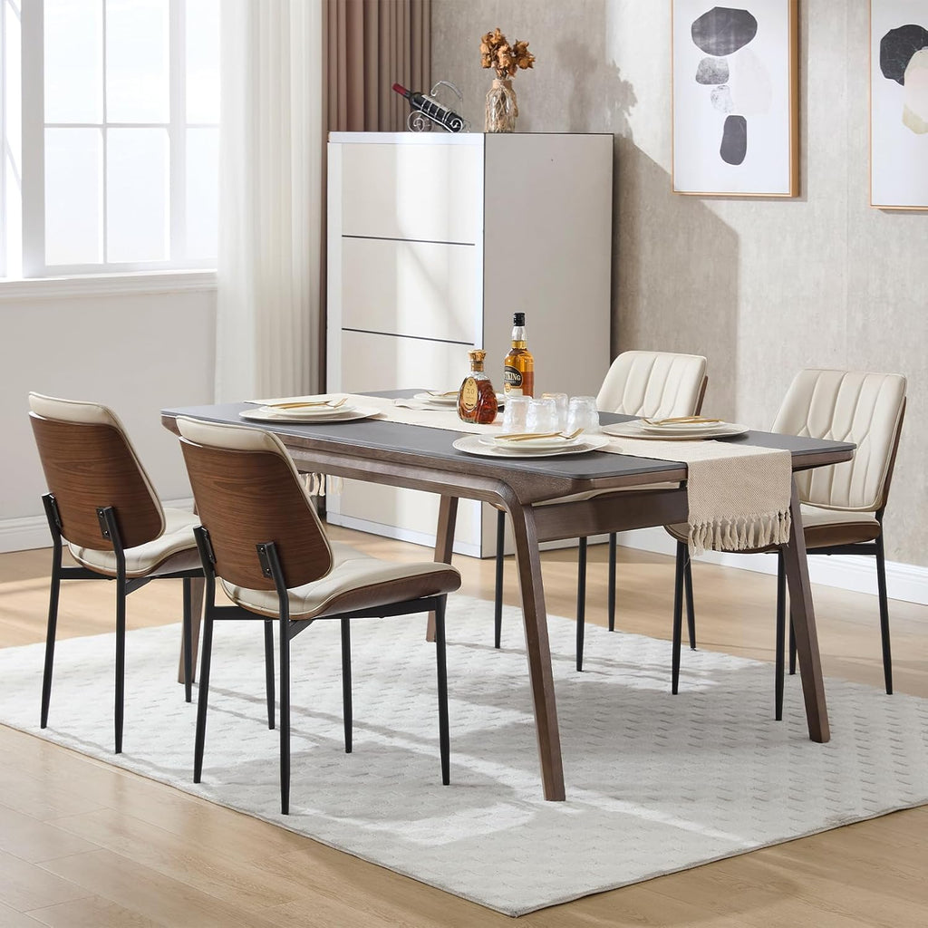 Mid Century Walnut Bentwood Armless Kitchen Dining Chairs Set of 4, Beige | PU leather seat with curved walnut bentwood back & metal legs, armless design, ideal for dining room, kitchen, or cafeteria