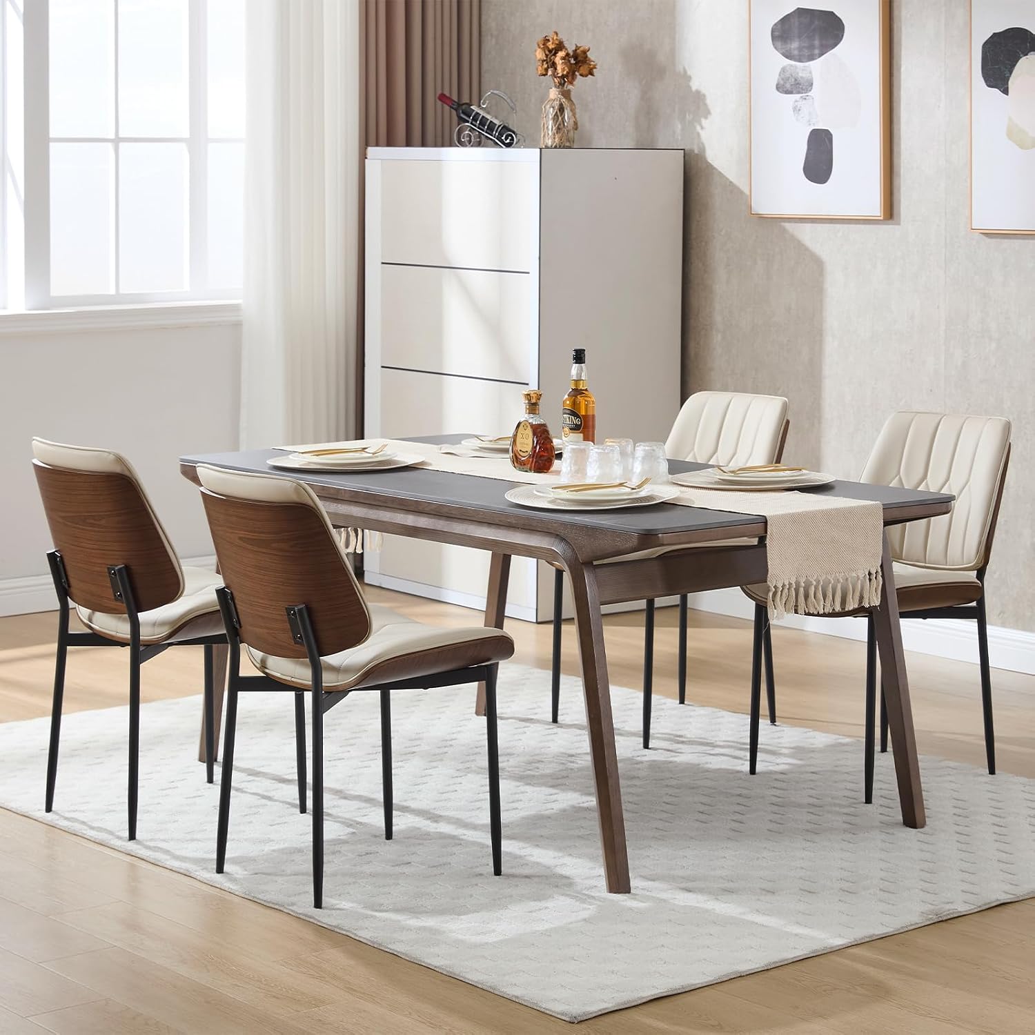 Mid Century Walnut Bentwood Armless Kitchen Dining Chairs Set of 4, Beige | PU leather seat with curved walnut bentwood back & metal legs, armless design, ideal for dining room, kitchen, or cafeteria