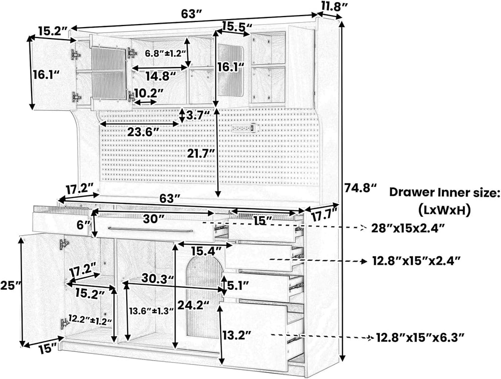 63'' W Freestanding Buffet Kitchen Pantry Cupboard with Hutch, Large ...