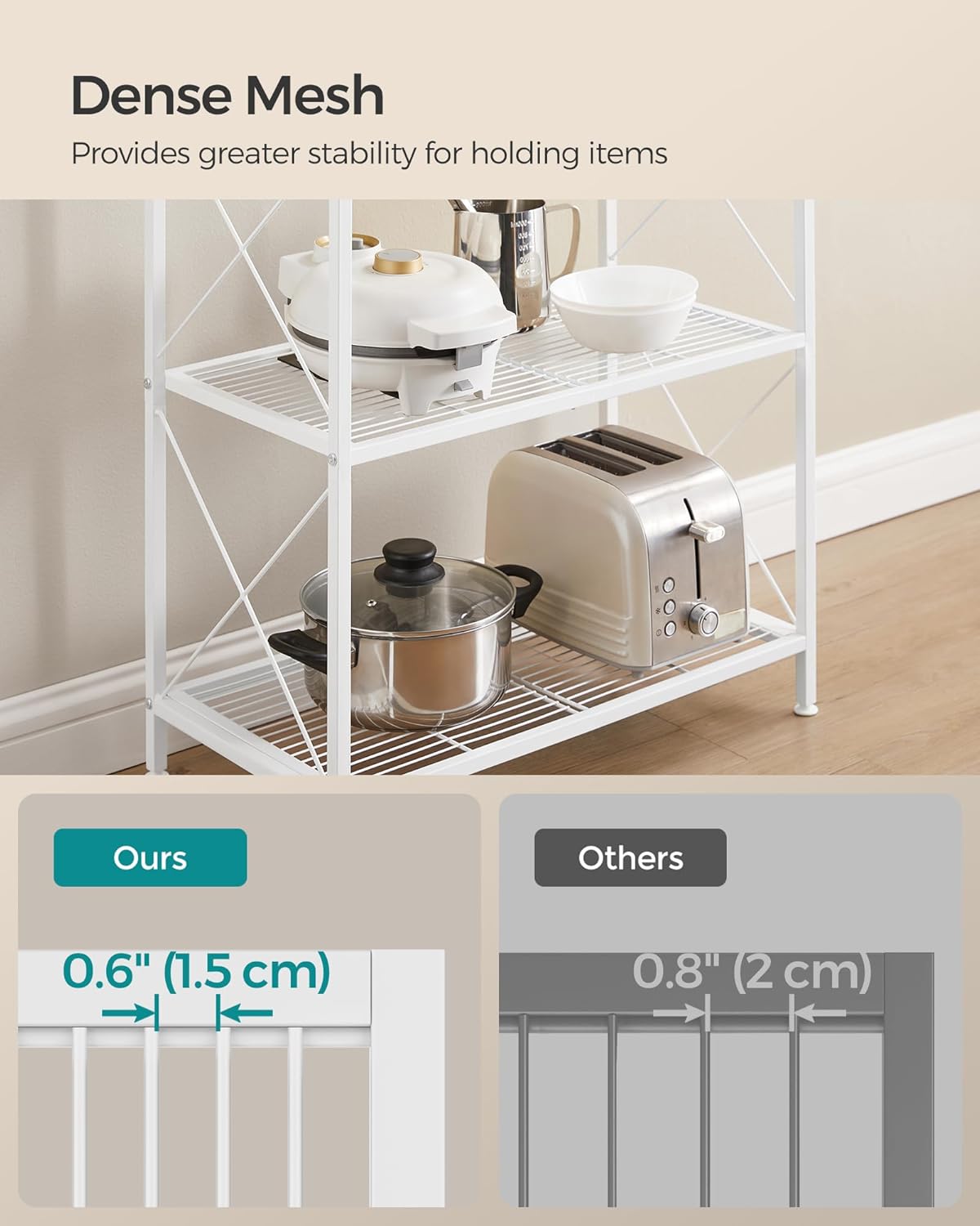SONGMICS 5-Tier Metal Storage Rack, Shelving Unit with X Side Frames, Dense Mesh, 12.6 x 23.6 x 57.3 Inches, for Entryway, Kitchen, Living Room, Bathroom, Industrial Style, Cloud White UBSC165W01