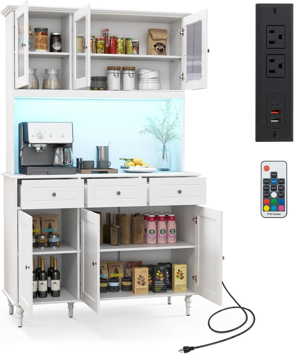 77" Large Kitchen Hutch with Charging Station, LED Pantry Cabinet with M...