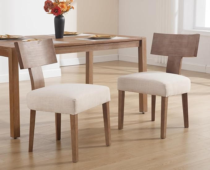 chairus Farmhouse Dining Chairs Set of 2, Upholstered Accent Chairs with Natural T-Shape Wood Back Armless Kitchen Chairs with Soft Pad, Linen Beige