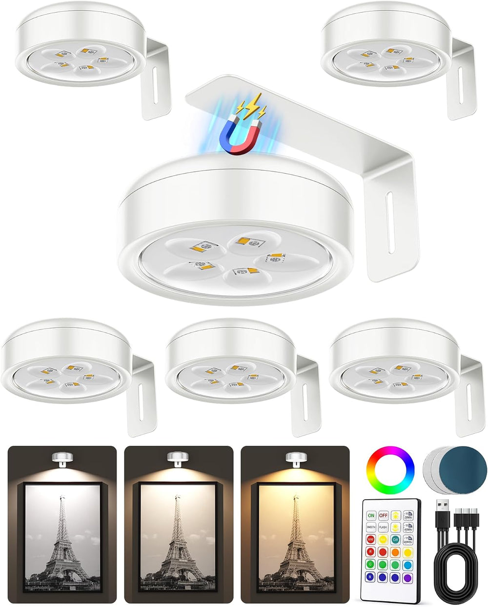 Picture Lights for Wall,Wireless 2000mAh Rechargeable Magnetic LED Puck Light...