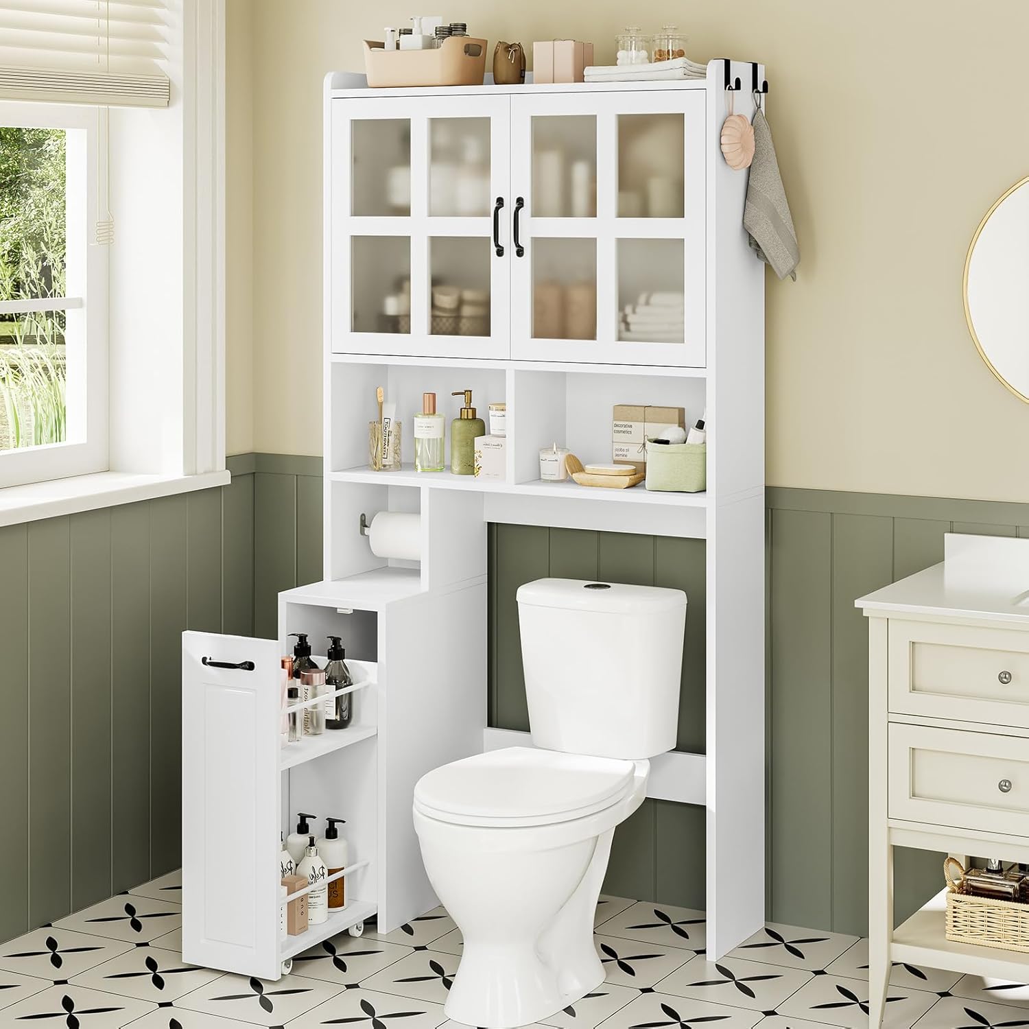 Over The Toilet Storage Cabinet with Pulley Small Bathroom Storage Cabinet, Space Saver W/Adjustable Shelf & Glass Doors for Bathroom, Restroom, Laundry (Frosted Mirror-Type B)