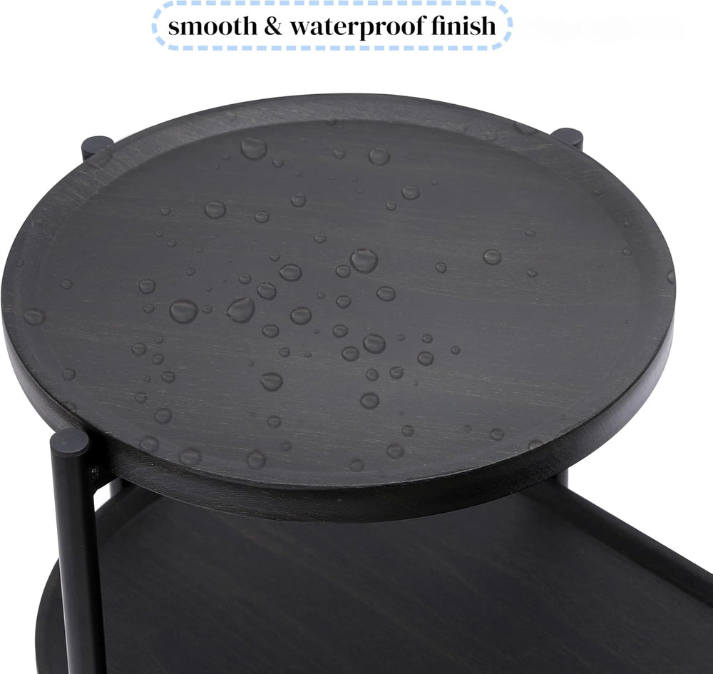 2 Tier Oval Side Table, Modern X-Leg End Table with Round Storage Tray, Black...