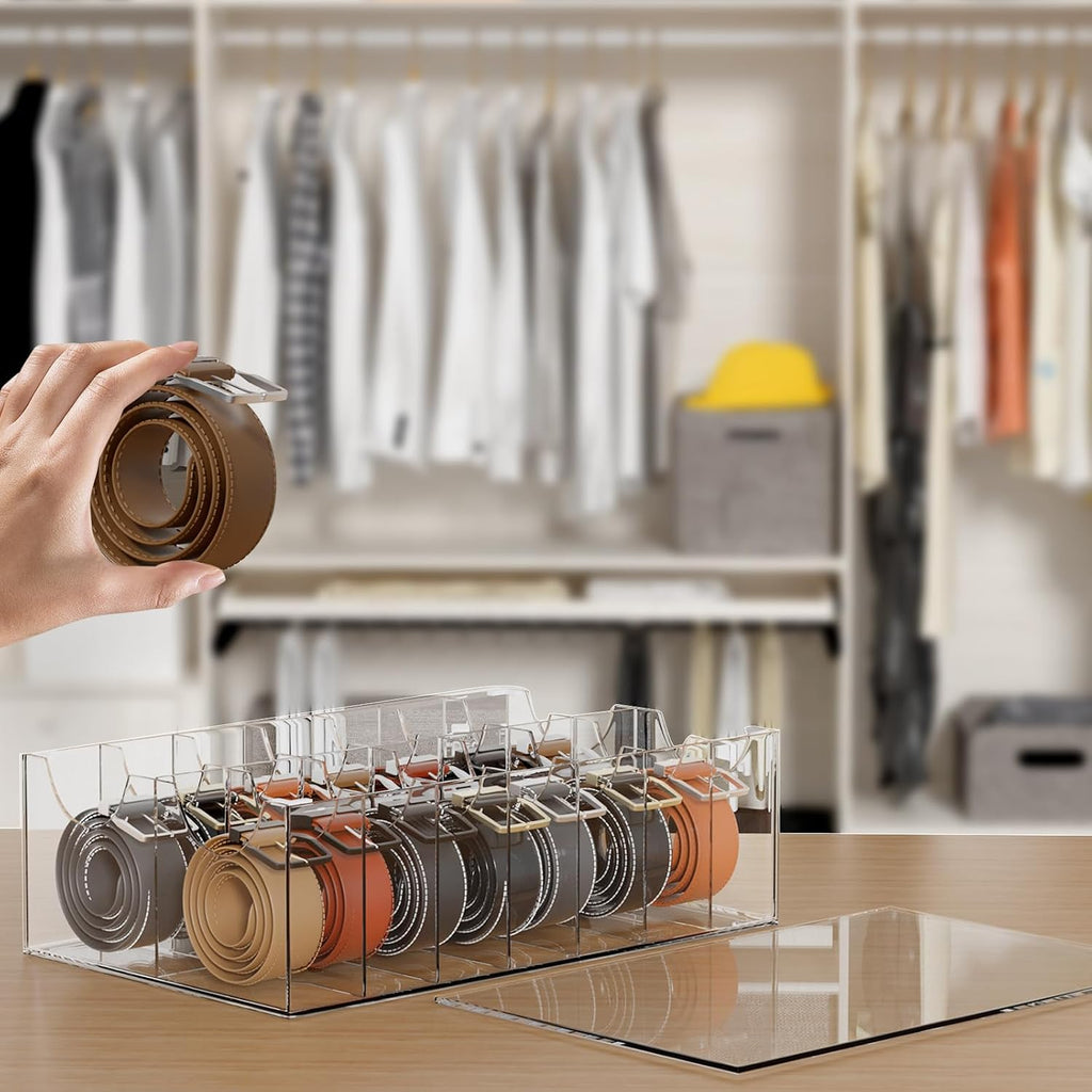 Large Acrylic Belt Organizer, Clear 14 Compartments Storage with Dust Cover, Display Holder for Home