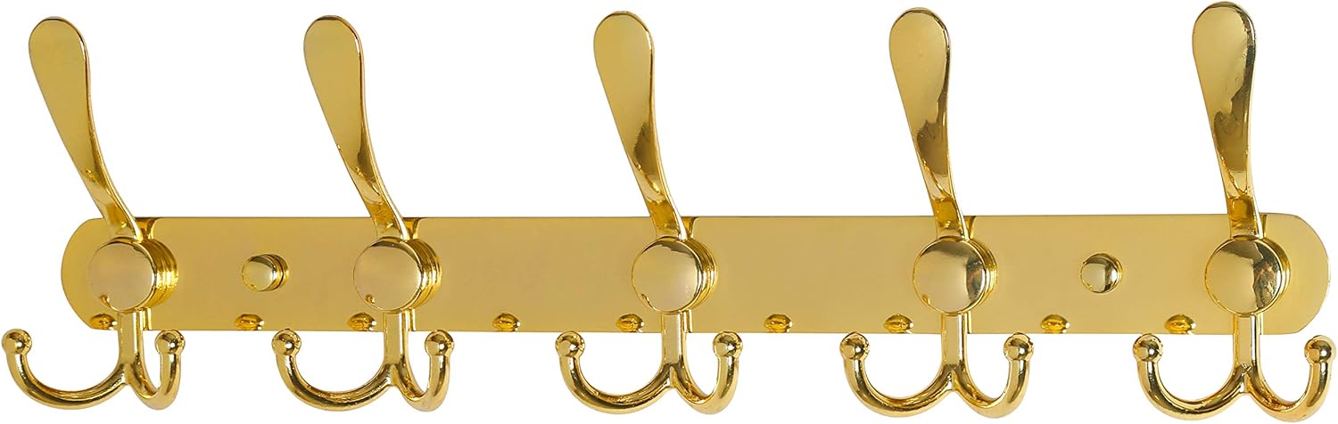 Dseap Coat Rack Wall Mounted - 5 Tri Hooks, Heavy Duty, Stainless Steel, Metal Coat Hook Rail for Coat Hat Towel Purse Robes Mudroom Bathroom Entryway,Gold