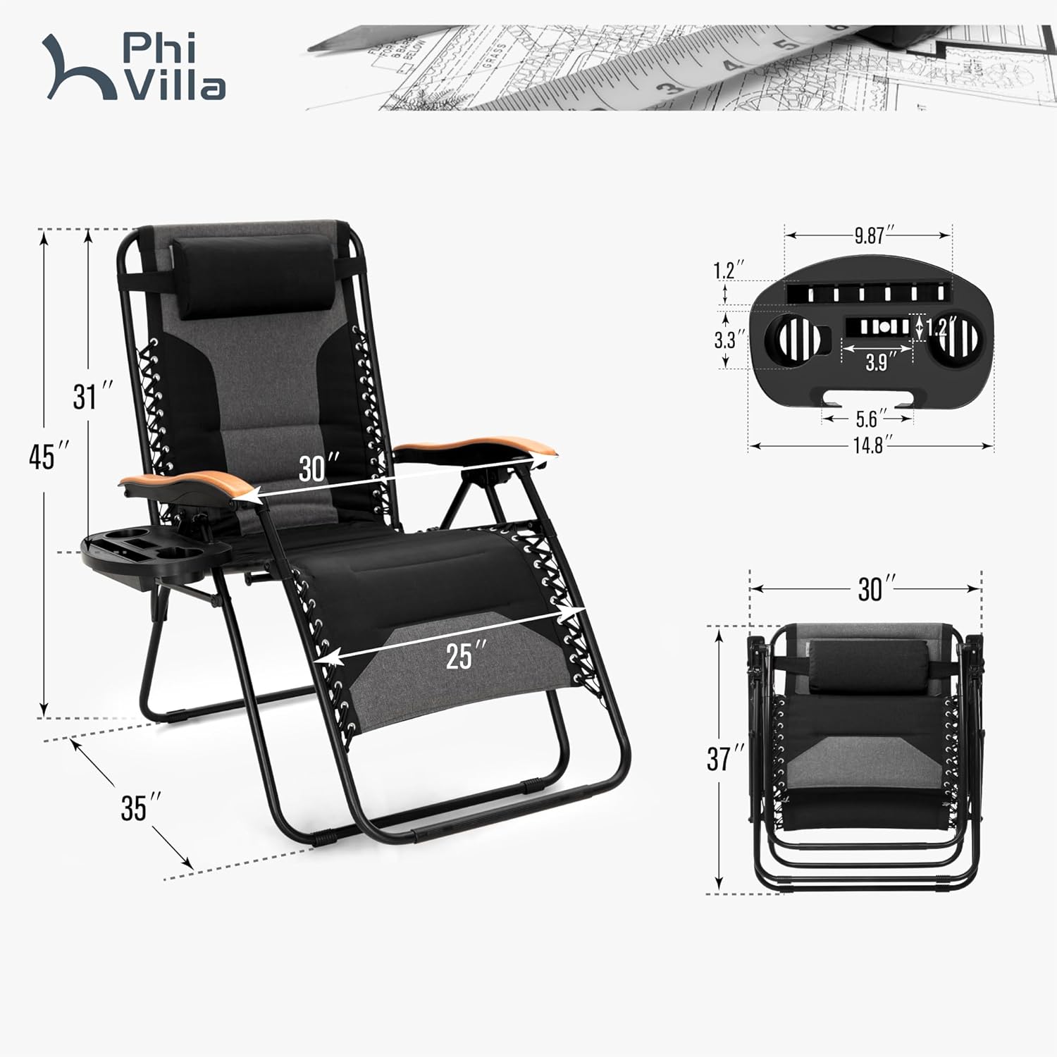 PHI VILLA XXL Oversized Padded Zero Gravity Chair, Foldable Patio Recliner, 30" Wide Seat Anti Gravity Lounger with Cup Holder, Support 400 LBS (Black)