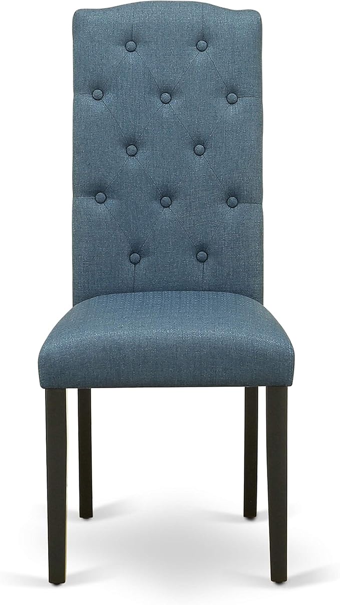 East West Furniture LGCE7-BLK-21 7 Piece Modern Dining Set Consist of a Rectangle Dining Table with Butterfly Leaf and 6 Mineral Blue Linen Fabric Upholstered Chairs, 42x84 Inch, Black