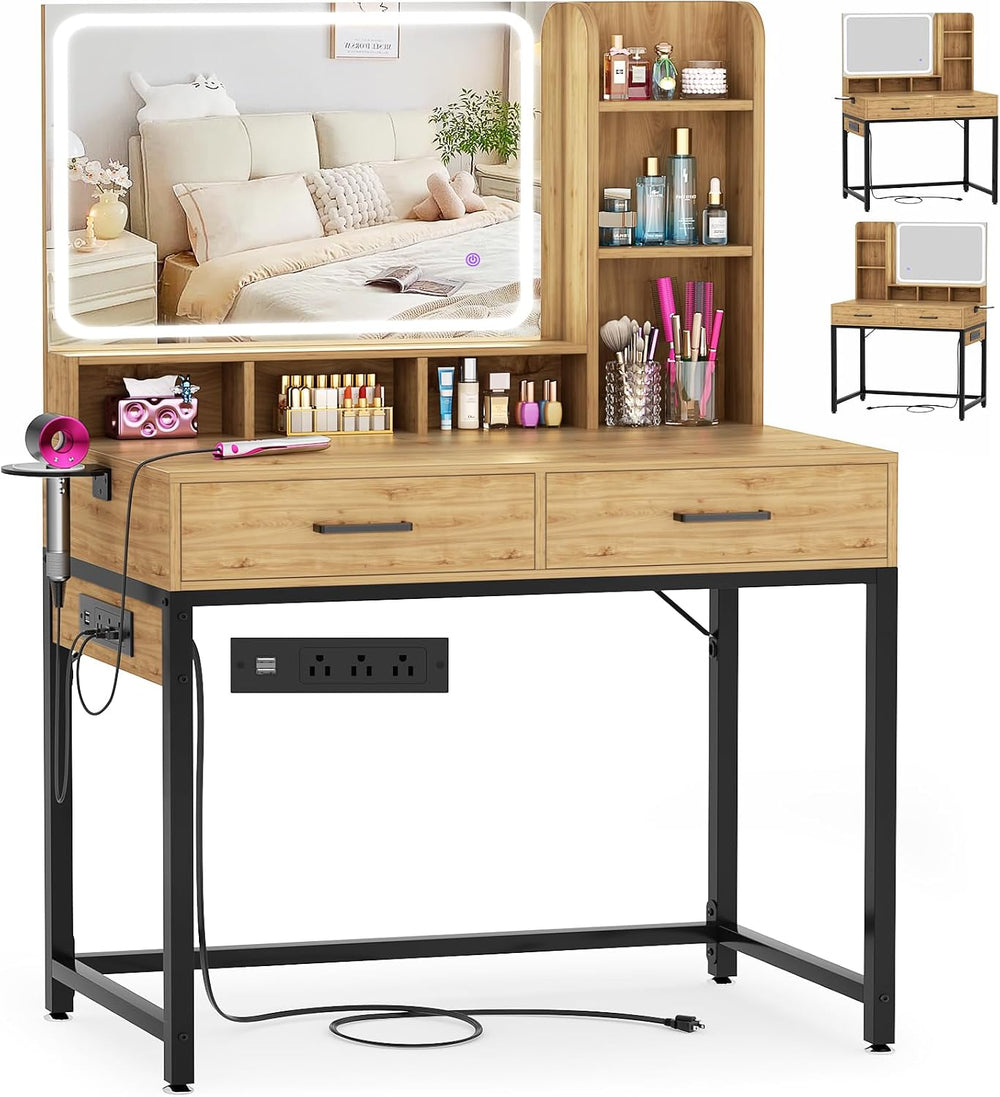 Small Vanity Desk, Vanity Desk with Mirror and Lights, Makeup Vanity Desks wi...