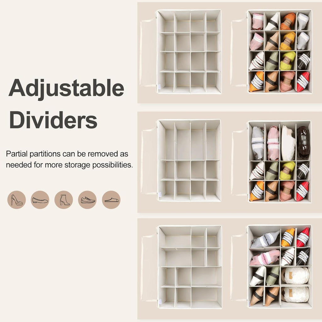 Shoe Organizer for Closet, Foldable Shoe Box with Adjustable Dividers and Clear Cover, Space Saving Shoe Storage Organizer Cabinet with Reinforced Handles, Fits 16 Pairs, Beige TP09Y
