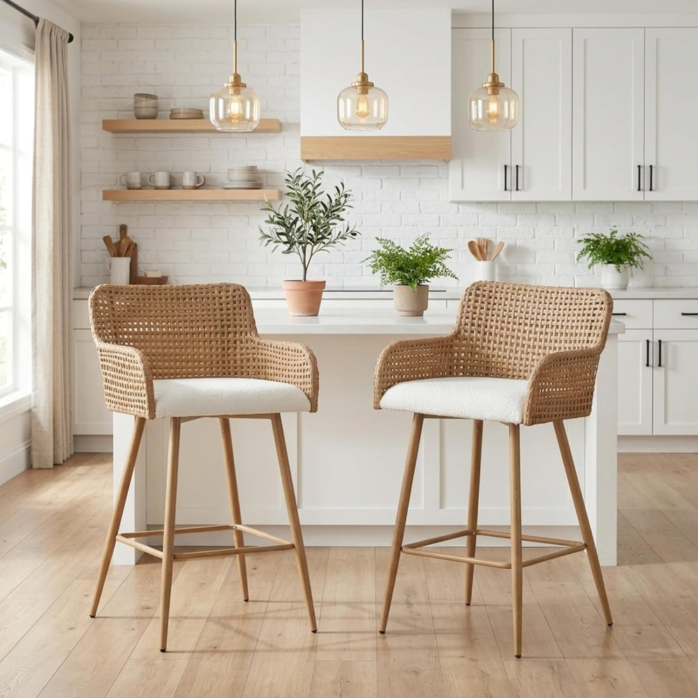 Rattan Bar Stools Set of 2,26'' Counter Height Bar Stools with PE Rat...