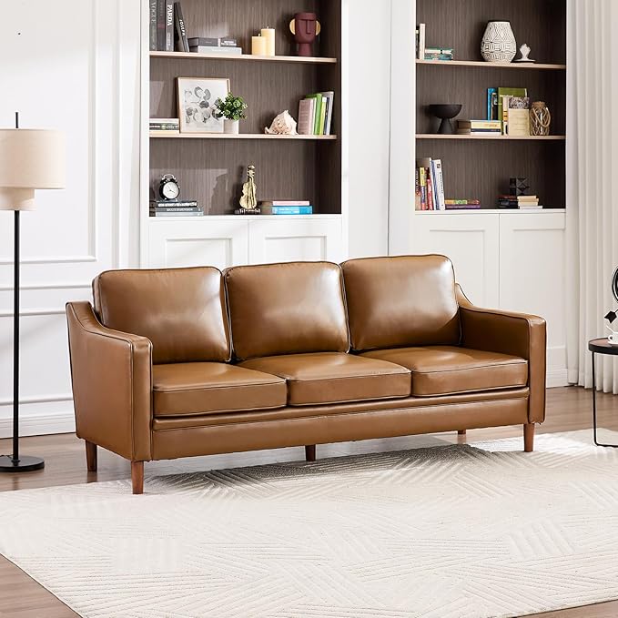 Kingfun 80" Faux Leather Sofa, 3 Seater Couch, Mid Century Modern Couches with Solid Wood Legs for Living Room & Bedroom, Brown