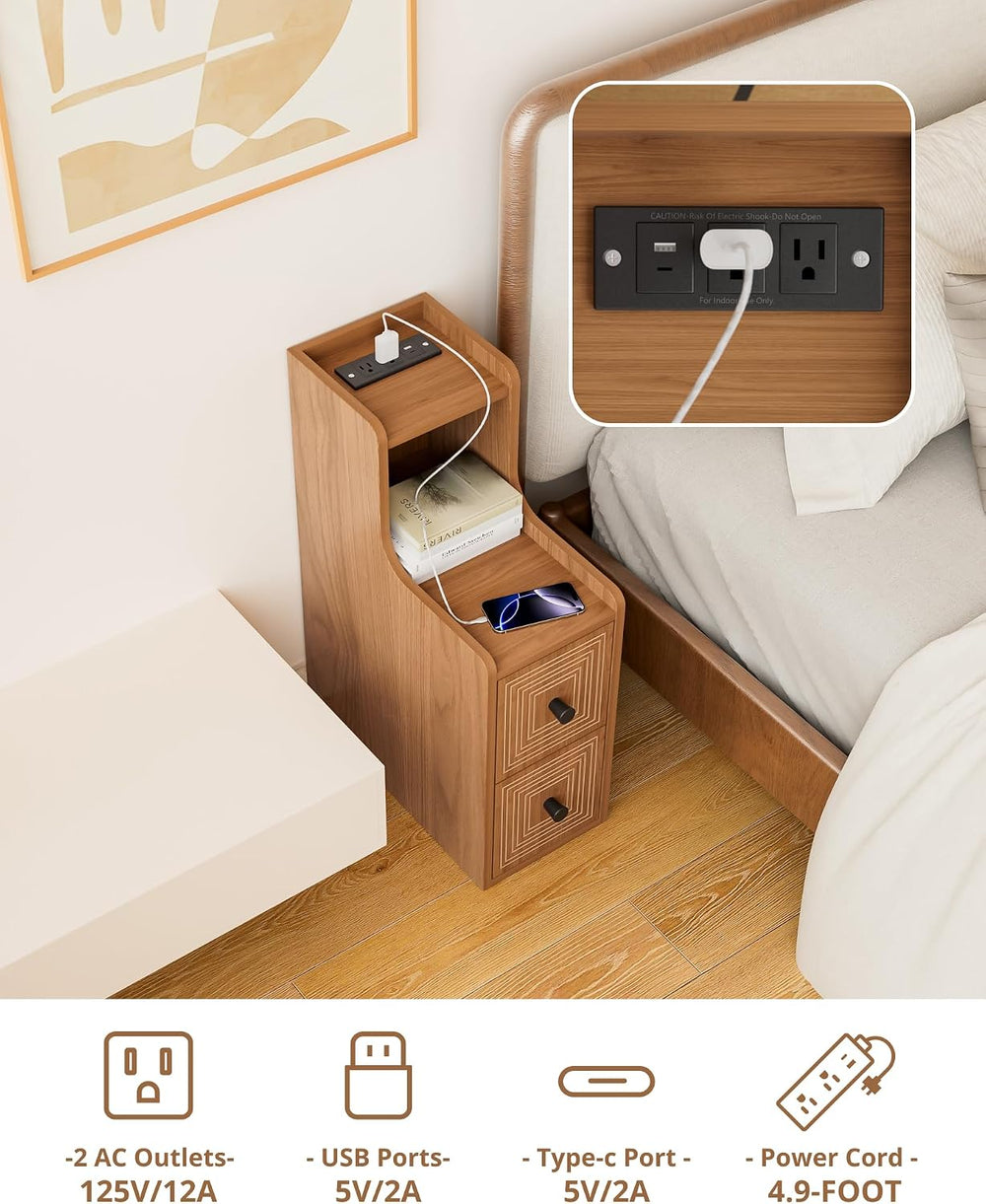 Set of 2 Narrow End Table with Charging Station, Wooden Slim Side Table with ...
