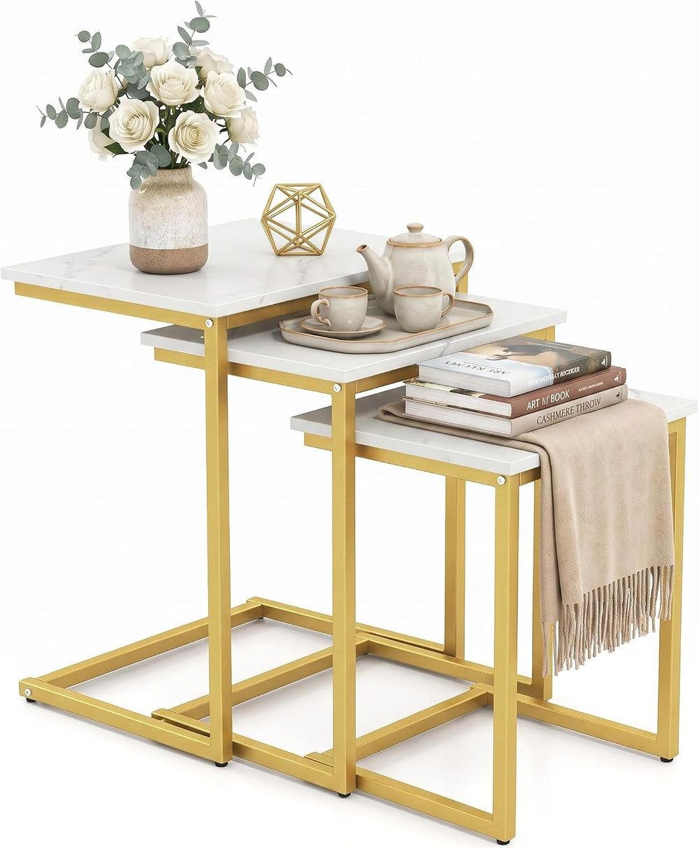 3-Piece Nesting Coffee Table Set, Stackable C-Shape (White Gold) | Faux Marbl...