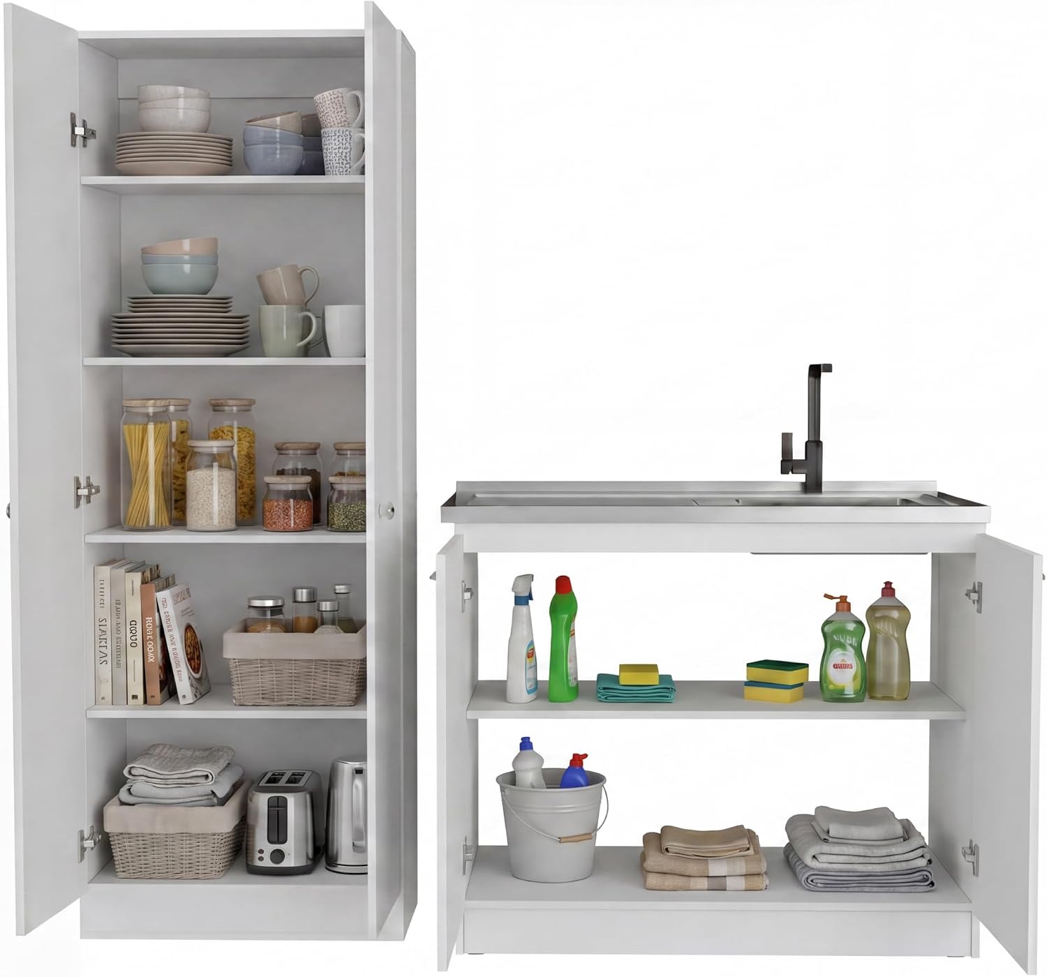 Tuhome Tall Storage Cabinet with 5 Adjustable Shelves, Two Large Doors and Kitchen Utility Sink Set with Stainless Steel Countertop Included