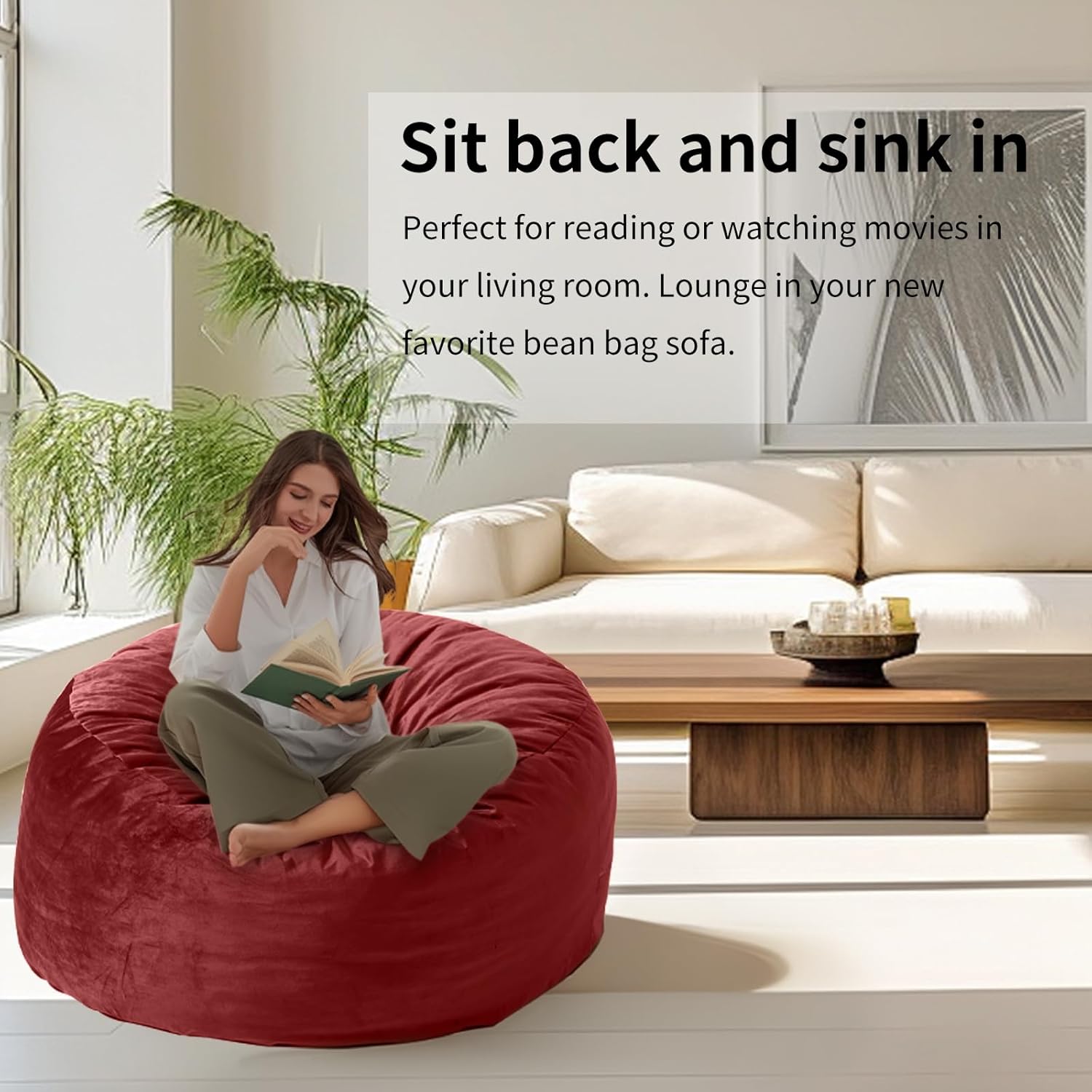 4FT Bean Bag Chair, Large Bean Bag with Filling, Memory Foam Bean Bags with Ultra Soft Washable Dutch Velvet Cover for Living Room, Bedroom and Gaming Room -4 Foot, Red