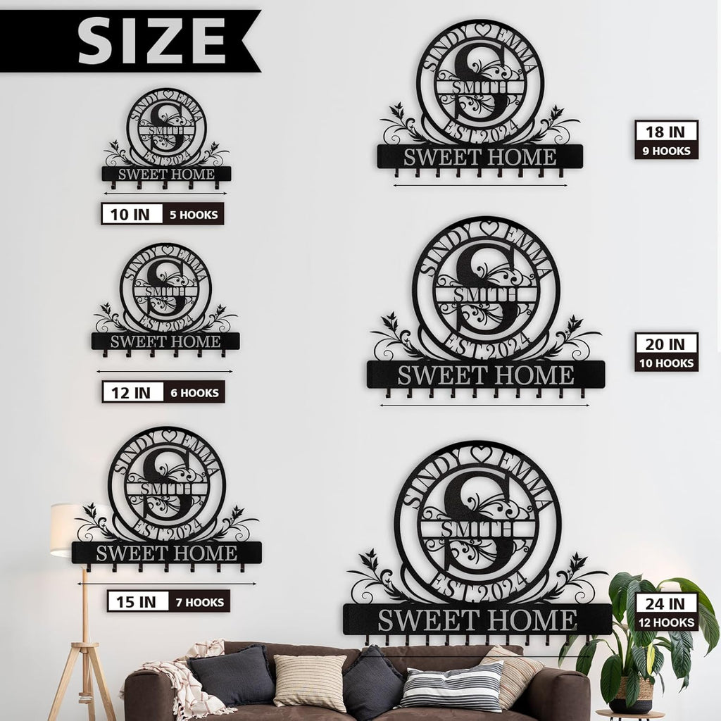 Personalized Key Holder for Wall - Custom Family Name Metal Wall Key Hanger, Key Hooks with Monogram Design, Anniversary Couple Gifts, Key Rack Holder Wall Mount for Living Room, Bedroom