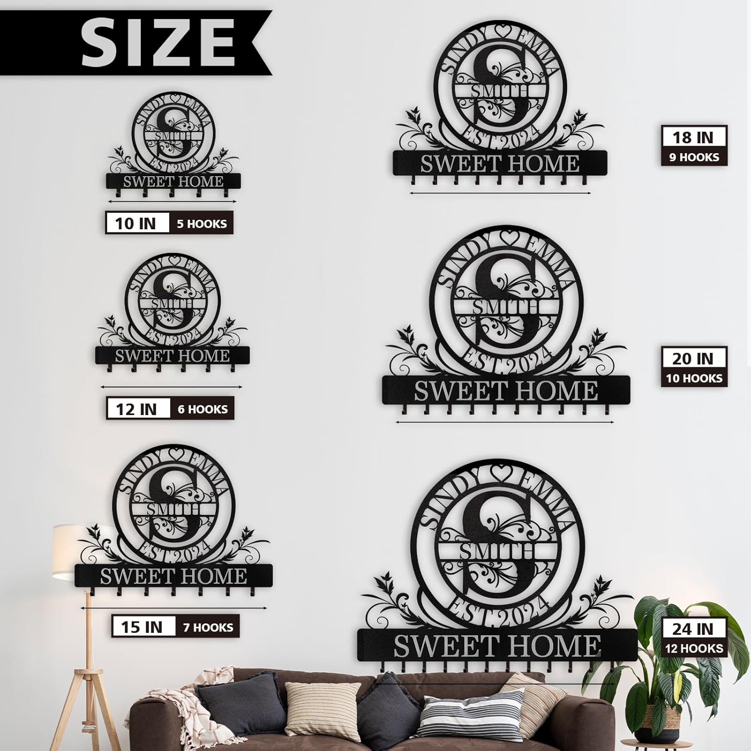 Personalized Key Holder for Wall - Custom Family Name Metal Wall Key Hanger, Key Hooks with Monogram Design, Anniversary Couple Gifts, Key Rack Holder Wall Mount for Living Room, Bedroom