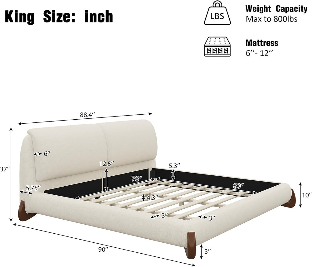 Merax King Chenille Platform Bed with 2 Removable Headboard Pillows, Beige