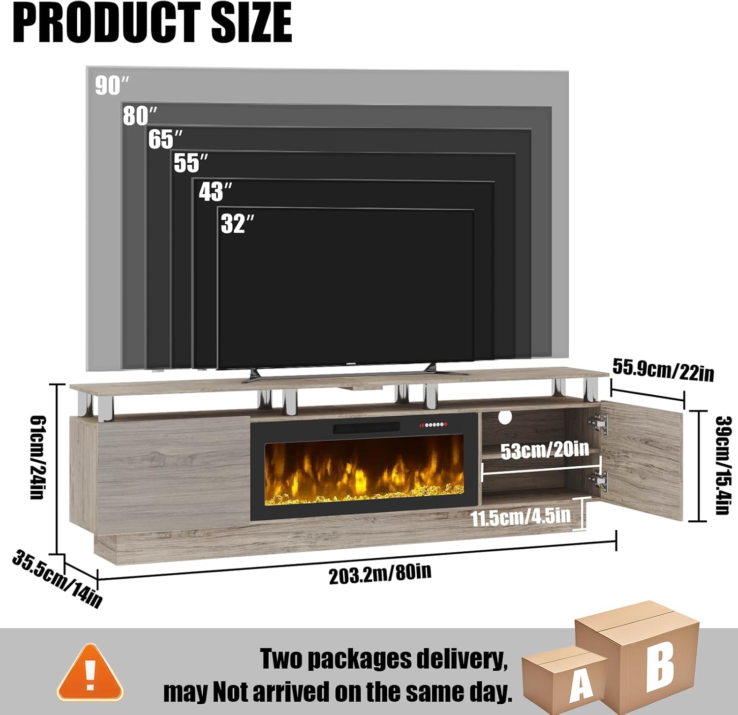 PRETZI 80" Modern Fireplace TV Stand with 36" Electric Fireplace for TVs Up to 90 inch, Luxury LED Light Entertainment Center with High Gloss Cabinet (Grey + Silver Post, 80 inches)