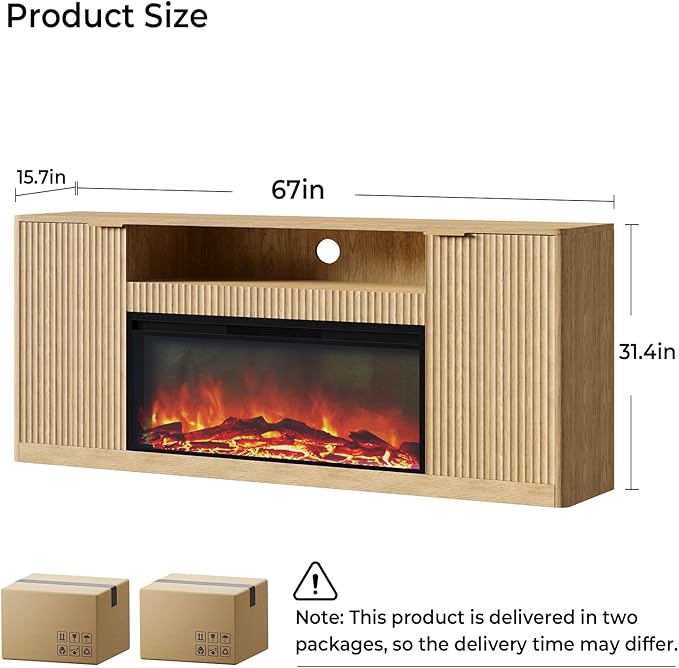 Evermagin 67" Oak Fluted Fireplace TV Stand for TVs up tp 75", Mid-Century Modern Entertainment Center with Storage Cabinets and Doors, Wood Media TV Consoles for Living Room and Bedroom