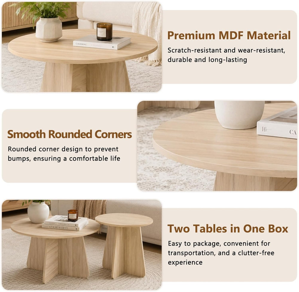 Round Wooden Coffee & Side Tables with Tapered Base, Wood | Nesting Coffe...