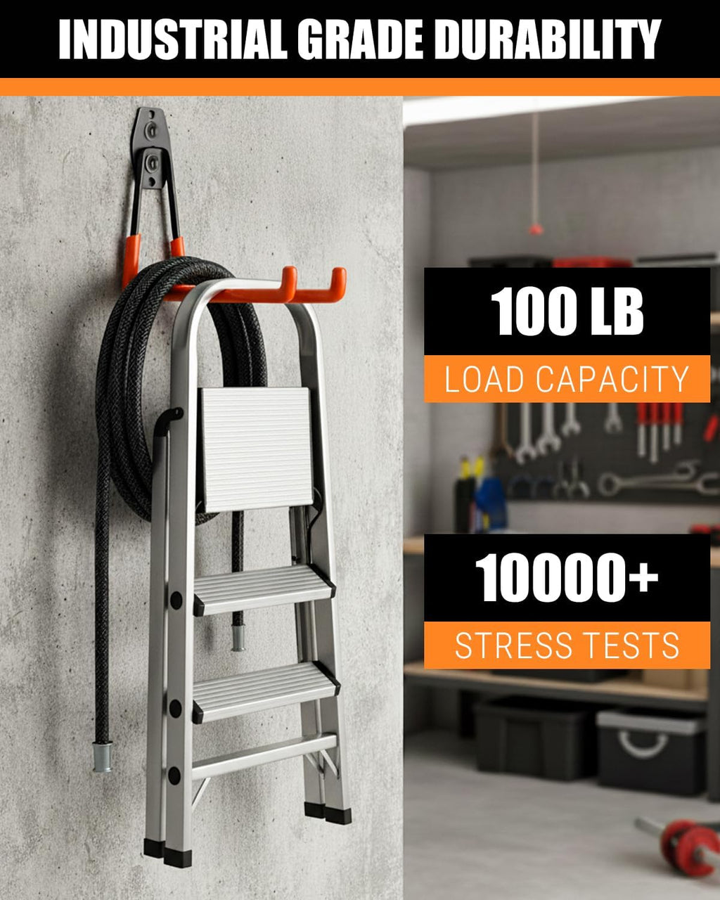 WMK Garage Hooks 4 Pack Wall Storage Hooks Heavy Duty Steel Tool Hangers for Utility Organizer, Wall Mount Holders for Garden Lawn Tools, Ladders, Bike (Orange)