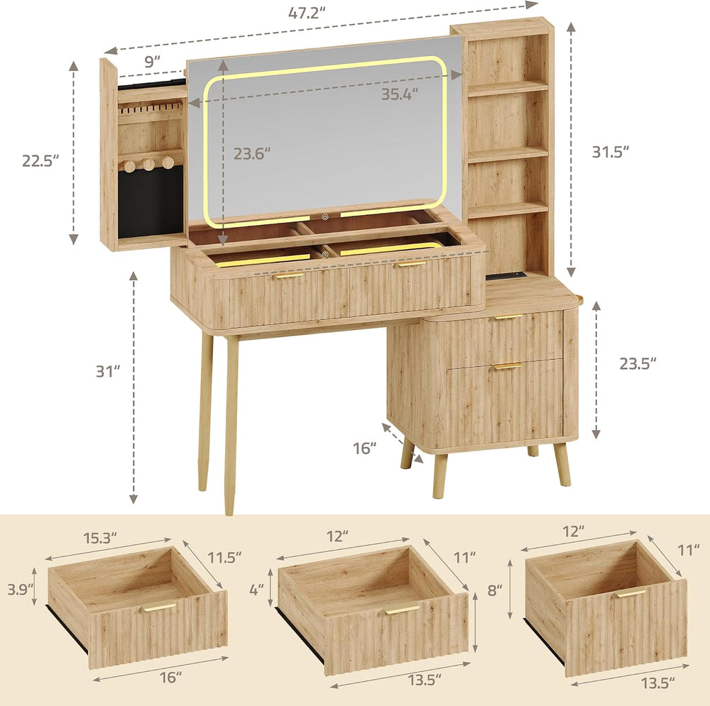 48"Wood Vanity with Clear Glass Top,Large Mirror and Lights,Natural Wood...