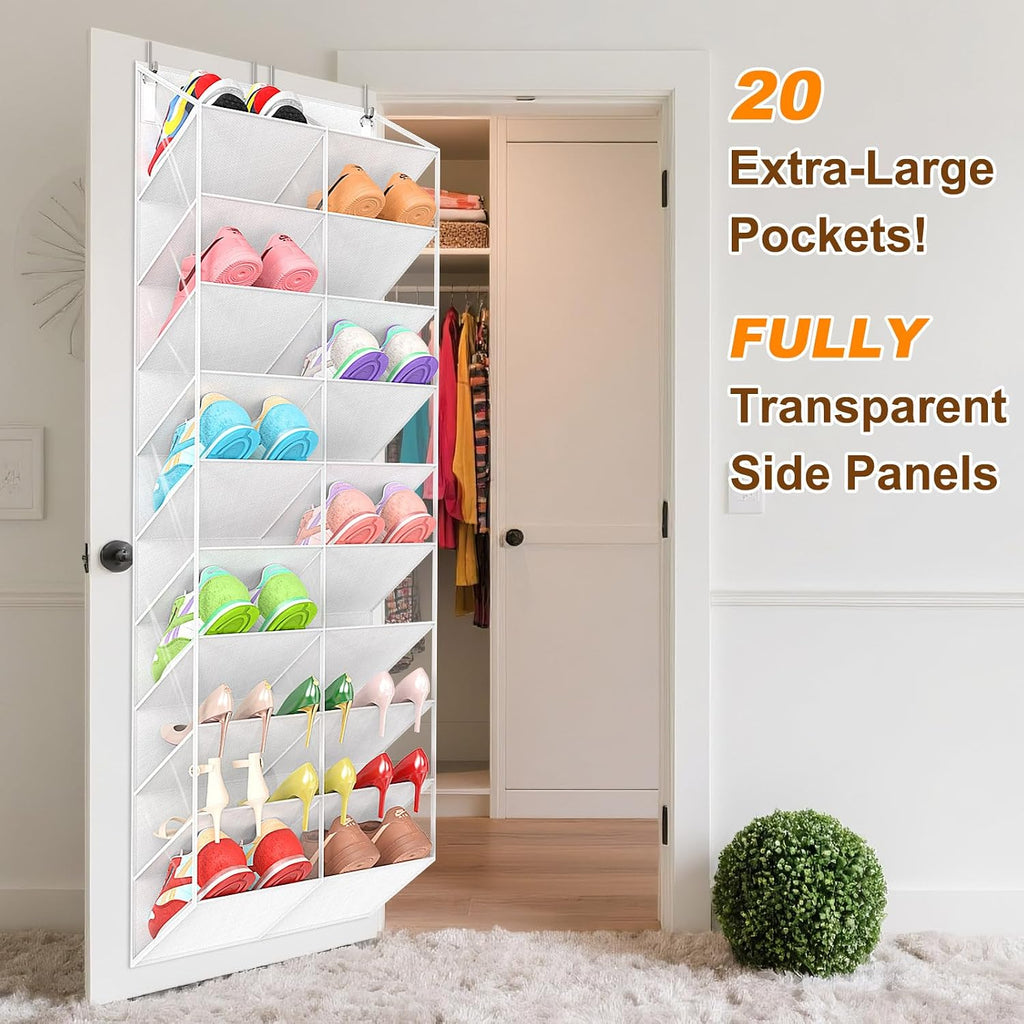 UVIAHOMI 20-30 Pairs Over the Door Shoe Organizer, Clear Pockets Hanging Shoe Storage for Closet, 10-Tier Door Shoes Rack, Handing Shoes Holder Fit All the Family's Sneakers, Boots, Heels, White