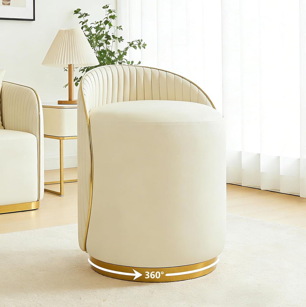 Modern Round Makeup Stool, 360 Swivel Vanity Chair, Beige Leather Seat, Solid...