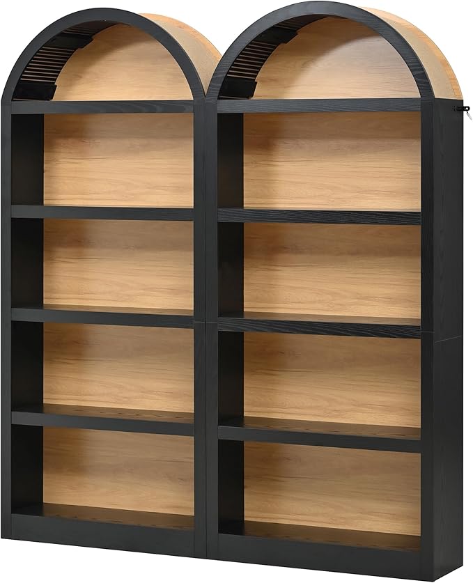 3-Piece Farmhouse TV Stand Set with Bookshelf for TVs Up to 70", Two-Tone Wood Grain Entertainment Center with Arched Design, Retro Sideboard with Tempered Glass Doors for Living Room (Black+Walnut)